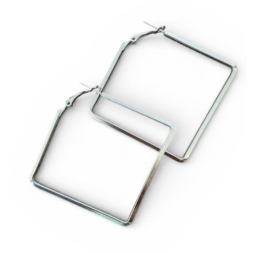 Silver 2" Square Geometric Hoop Girl Boss Earrings